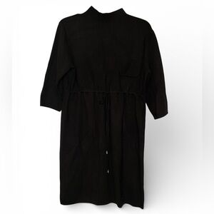 POL Black Midi Ribbed Knit Dress Women Med Tie Waist 3/4 Sleeve Mock Neck Office